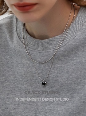 G/S海派甜心 黑色滴釉爱心双层叠戴项链设计感毛衣链女2025新款