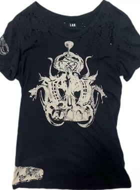 LGB 破坏虫洞神像联名短袖T恤 暗黑哥特风 不规则磨损印花t恤