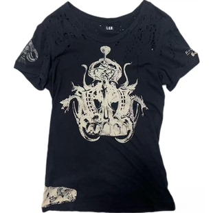 暗黑哥特风 T恤 不规则磨损印花t恤 破坏虫洞神像联名短袖 LGB