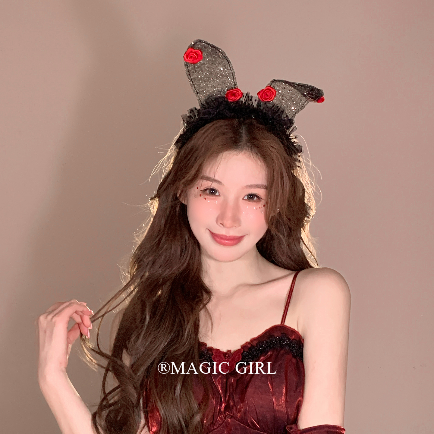 血夜兔女郎 万圣节玫瑰花蕾丝兔耳朵发箍女生派对cos装扮头箍发饰