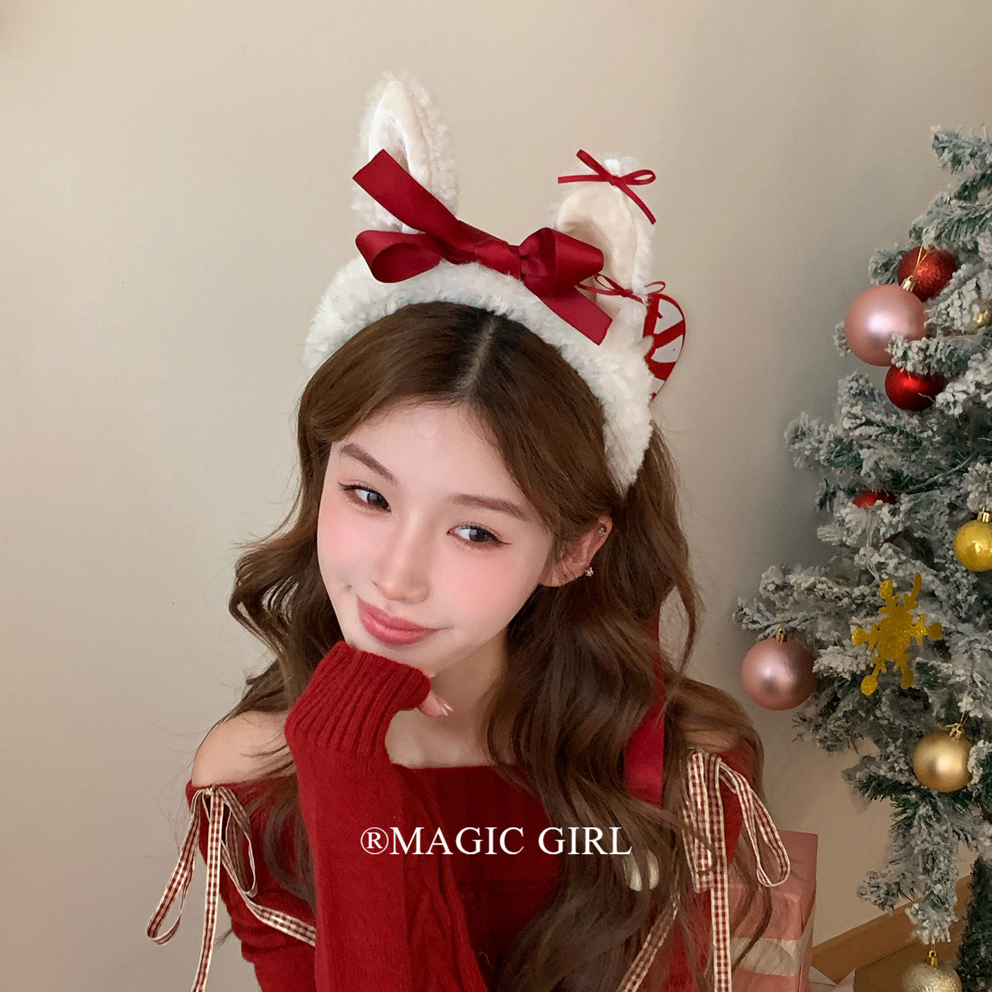 圣诞节甜心蝴蝶结白色兔耳朵毛绒发箍头饰可爱拍照麋鹿角头箍发饰