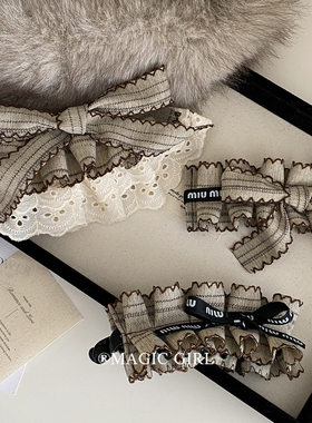 高级miu系条纹蝴蝶结花边发夹复古气质优雅弹簧夹发饰香蕉夹头饰