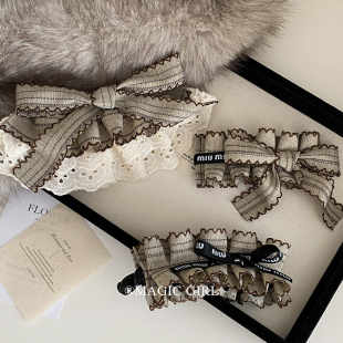 高级miu系条纹蝴蝶结花边发夹复古气质优雅弹簧夹发饰香蕉夹头饰