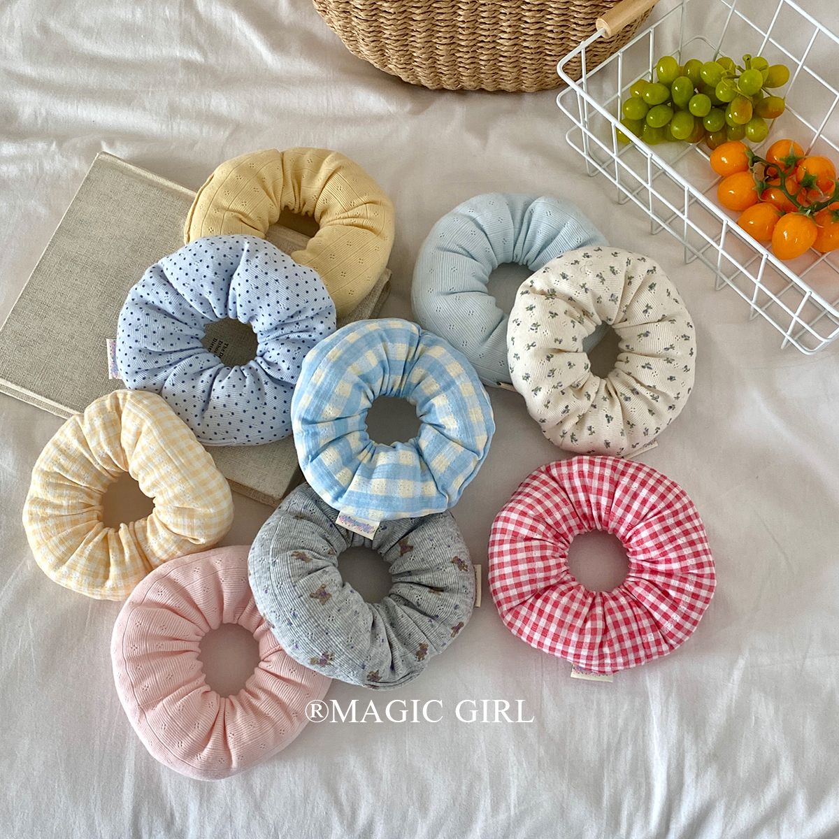 软萌甜甜圈 碎花格纹枕头发圈女可爱充棉睡眠大肠圈韩系皮筋头绳