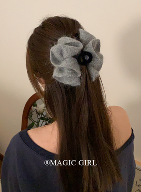 韩系灰色毛线花苞抓夹高级半扎发鲨鱼夹发饰女秋冬发夹头饰发卡小