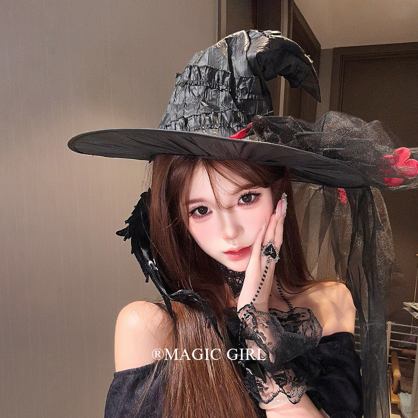 万圣节cos黑色网纱蝴蝶结头纱女巫帽暗黑风魔法帽节日装扮帽子