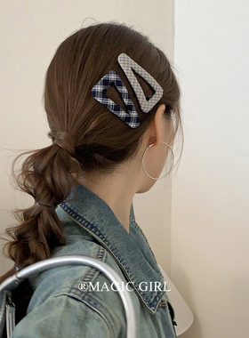 韩版miu系蓝白格纹发夹学院风三角形发卡头饰简约百搭BB夹刘海夹