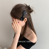 miu系金标黑色缎面蝴蝶结发夹头饰优雅高级鸭嘴夹发卡女气质夹子