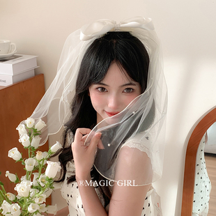 超仙米色丝带蝴蝶结领证头纱珍珠蓬蓬纱发夹新娘求婚拍照头饰道具