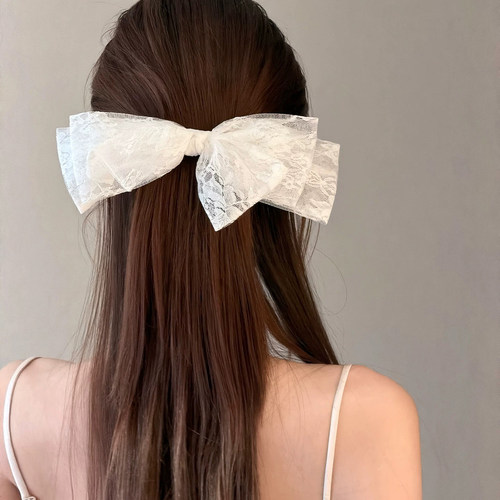 少女纯欲白色蕾丝蝴蝶结发夹头饰温柔气质半扎发夹优雅弹簧夹发饰