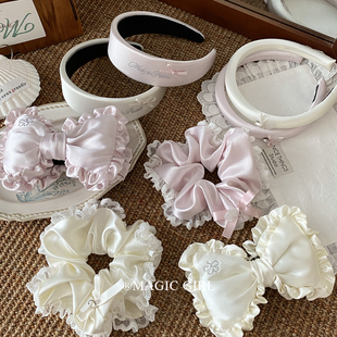 超大粉色蕾丝缎面大肠发圈发饰温柔发箍头饰蝴蝶结香蕉夹抓夹发夹