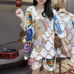 镂空上衣二件套2023夏季 网红爆款 女烫钻宽松短袖 印花小熊套装 时尚