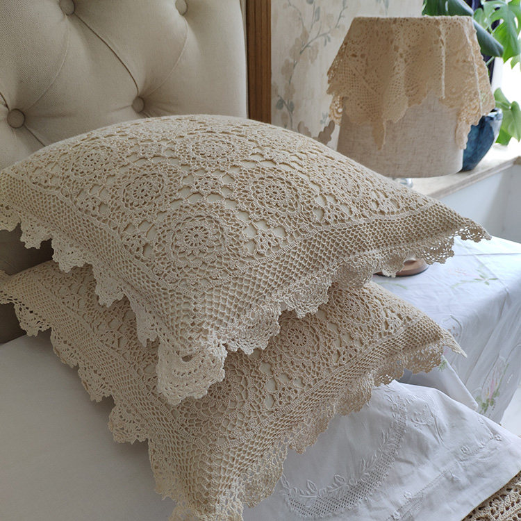 细线手工钩针纯棉抱枕套细腻柔软米色客厅卧室靠垫套外贸库存清货