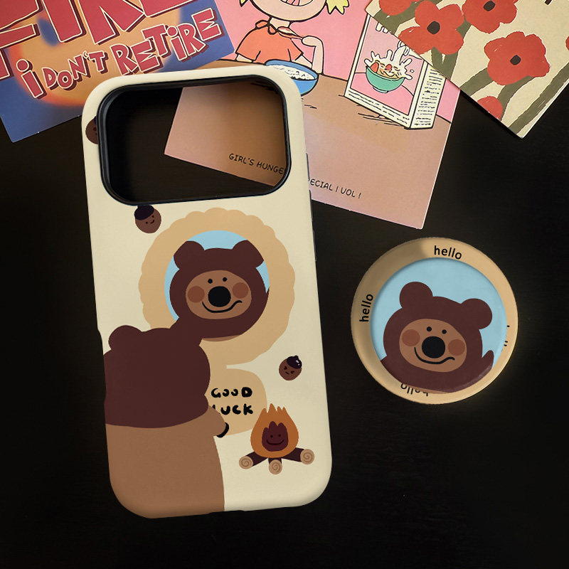 照镜子小熊适用苹果17promax手机壳iphone16pro菲林磁吸支架个性华为P80小米15小众vivo防摔保护壳oppo超萌