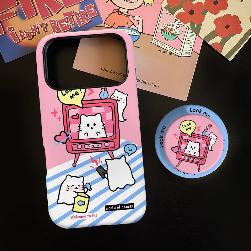 电视机猫咪适用苹果17promax手机壳iphone16pro菲林磁吸支架个性华为P80小米15小众vivo防摔保护壳oppo可爱