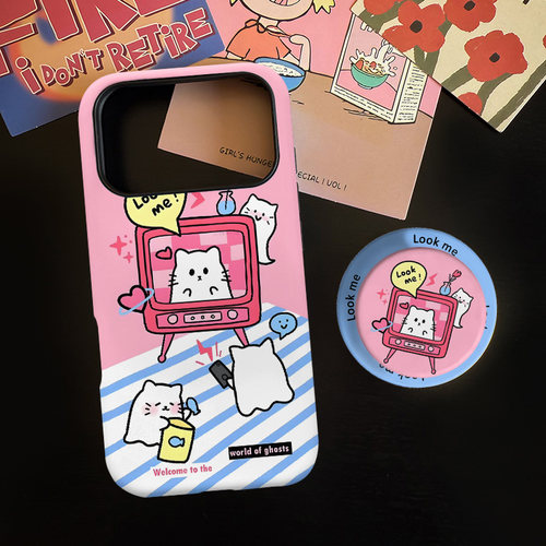 电视机猫咪适用苹果17promax手机壳iphone16pro菲林磁吸支架个性华为P80小米15小众vivo防摔保护壳oppo可爱