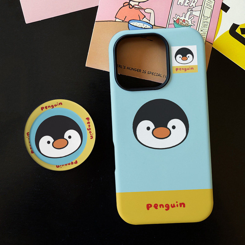 韩系大头企鹅适用苹果17promax手机壳iphone16pro菲林磁吸支架个性华为P80小米15小众vivo防摔保护壳oppo撞色