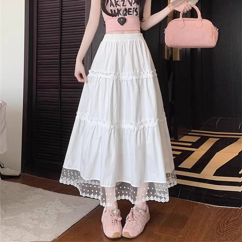 式白色蕾丝拼接女春夏中长款遮胯半身裙