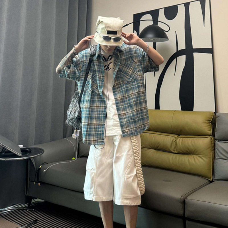 美式复古蓝格子短袖衬衫夏季cl