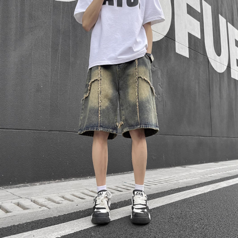 美式破坏风痞帅牛仔短裤男2025夏季青少年高街vibe宽松直筒五分裤