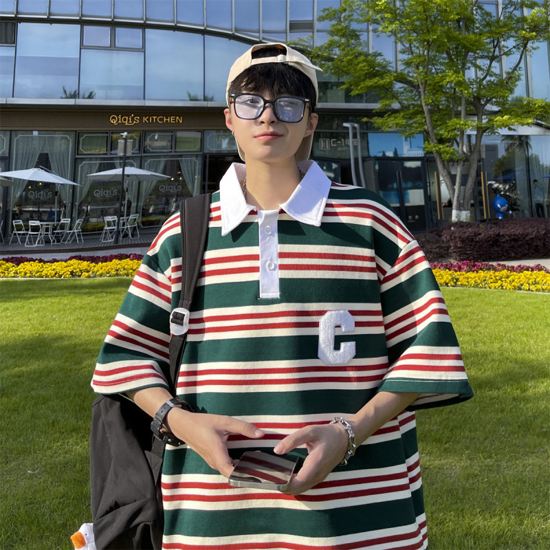 潮牌条纹短袖Polo衫夏季百搭