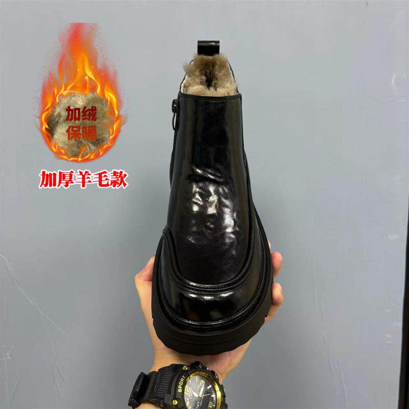 高腰欧货羊毛加绒加厚马丁靴 秋冬低跟潮流男鞋 素面耐磨设计