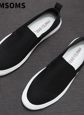 MassContiy~匠心打造~透气帆布乐福鞋男士一脚蹬黑色懒人休闲鞋男
