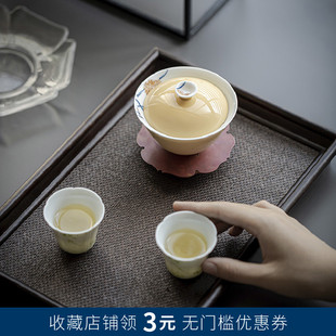 送人礼品 杏黄手绘麦穗盖碗功夫茶具泡茶碗手工高档陶瓷茶具礼盒装