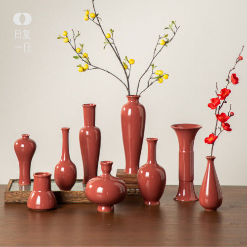 中式宫墙红陶瓷花瓶仿真花艺花器