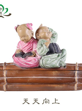 高档创意禅趣礼品 一角禅铁丸石小沙弥文具笔筒可打开 天天向上