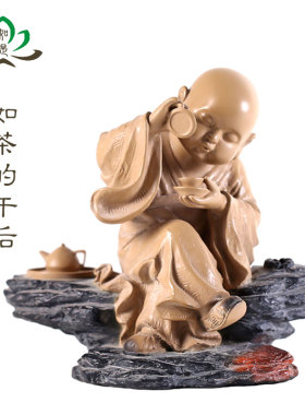高档创意禅意摆件可爱小和尚沙弥工艺品 一角禅铁丸石 如茶的午后
