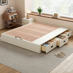 无床头实木高箱储物床小户型榉木落地带抽屉收纳榻榻米可定制尺寸