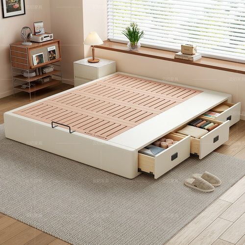 无床头榉木高箱三抽储物床可定制