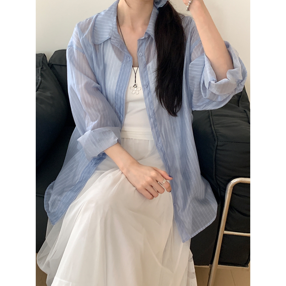 慵懒宽松长袖天丝防晒衬衫女2025夏季新款韩版薄款条纹衬衣上衣