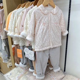 冬新款女宝宝夹棉衣棉裤两件套装保暖内胆女童甜美可爱1-6岁
