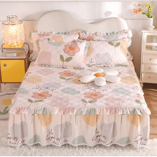 全棉夹棉床裙2023新款 单件三件套纯棉加棉加厚花边床罩带裙边床套