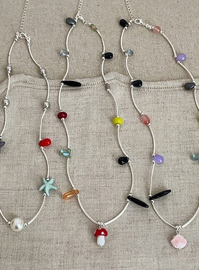 简约甜美海星贝壳蘑菇吊坠项链女设计感萌趣时尚百搭颈链锁骨链