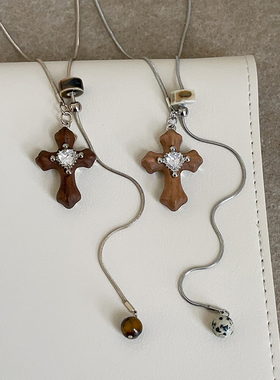 复古轻奢木质十字架天然石抽拉项链女高级感个性时尚颈链毛衣链