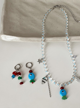 度假风可爱蓝色小鱼吊坠串珠项链耳钉女甜美通勤百搭颈链锁骨链