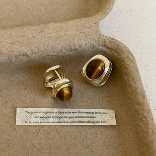 秋冬高级感虎眼石金属耳扣女轻奢复古个性 潮流耳环耳饰 小众时尚