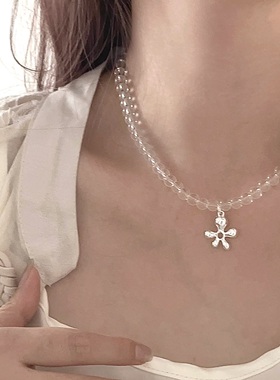 不规则花朵白色透明水晶串珠纯银项链女锁骨链甜酷时尚个性小众