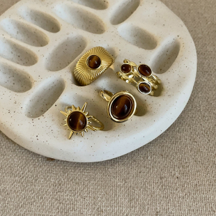 复古高级感虎眼石金属开口戒指女小众独特个性 百搭指环戒子 时尚