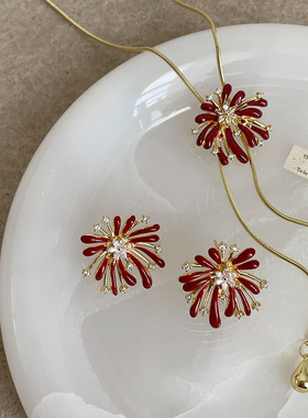 轻奢复古红色烟花锆石抽拉项链耳钉女气质潮流时尚通勤颈链毛衣链