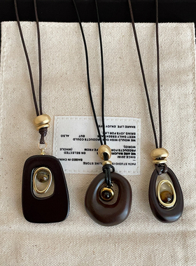 复古几何椭圆水滴虎眼石编绳长款项链女轻奢时尚潮流颈链毛衣链