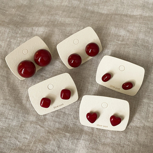 安可拉红色滴油爱心圆圈豆豆耳钉女秋冬新款 轻奢复古百搭耳环耳饰