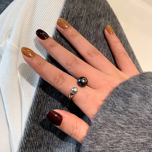 设计感大溪地黑银灰色珍珠开口戒指女复古轻奢个性 气质指环戒子