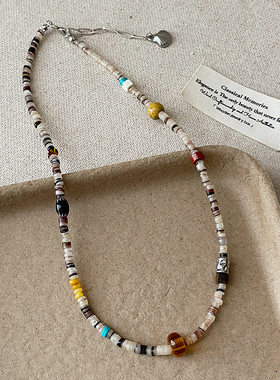 复古民族风多彩天然石串珠项链小众高级感气质百搭时尚颈链锁骨链