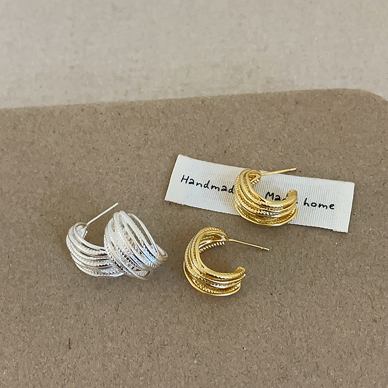 独特多层金属线条缠绕C圈耳钉女小众个性时尚气质百搭耳环耳饰