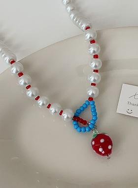 趣味红色草莓珍珠串珠项链女甜美精致可爱时尚优雅百搭颈链锁骨链