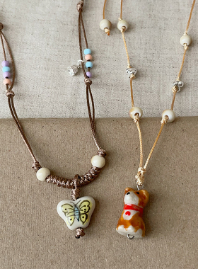 卡通ins滴油小狗蝴蝶编织绳长款项链女小众独特可爱时尚挂脖配饰